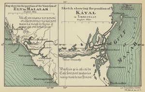 Karte, die die Position des Königreichs Ely in Malabar zeigt, Skizze, die die Position von Kayal in Tinnevelly zeigt (Farblithographie) von English School