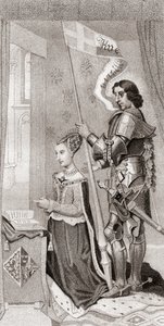 Margarete von Dänemark mit St. Knut, dem Schutzpatron von Dänemark, hinter ihr, der ein Banner mit dem Kreuz der Kreuzzüge hält von English School
