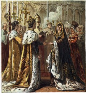 Heirat von Heinrich VII., König von England (1457-1509), mit Elizabeth von York (1466-1503) am 18. Januar 1486. Heirat von Heinrich VII. und Elizabeth von York. Chromolithographie in „Pictures of English History“ veröffentlicht von George Routledge & Sons. von English School