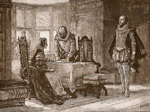 Maria unterzeichnet die Abdankungsurkunde in Schloss Lochleven, Illustration aus Cassells Illustrierter Geschichte Englands