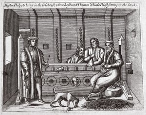 Meister Philpots im Kohlenhaus, wo er Thomas Whittle, Priester, in den Stocks sitzend fand, Illustration aus Acts and Monuments von John Foxe, neunte Ausgabe, veröffentlicht 1684