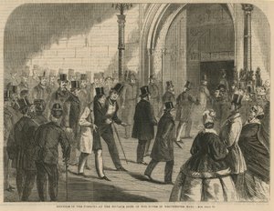 Mitglieder des Commons an der privaten Tür des Hauses in der Westminster Hall von English School