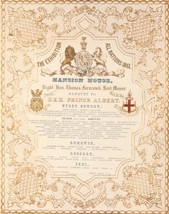 Menü des Banketts für Prinz Albert im Mansion House, zur Feier der Großen Ausstellung aller Nationen, London, 1851