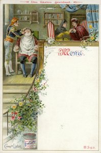 Menü mit einer Szene aus Der Barbier von Sevilla und einer Werbung für Liebigs Fleischextrakt von English School