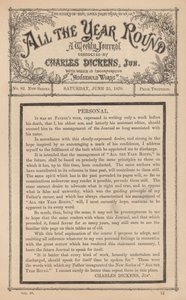 Nachricht von Charles Dickens Junior im Wochenjournal All The Year Round, nach dem Tod seines Vaters von English School