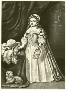 Miss Campion, mit einem Hornbuch (Stich) von English School