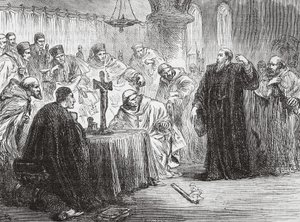Mollio wirft seine Fackel vor der Inquisition nieder, Illustration aus Die Geschichte des Protestantismus von James Aitken Wylie, veröffentlicht 1878 von English School
