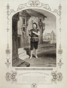 Mr. Buckstone als Lancelot Gobbo, Akt II Szene 2, in Der Kaufmann von Venedig von William Shakespeare (1564-1616) von English School