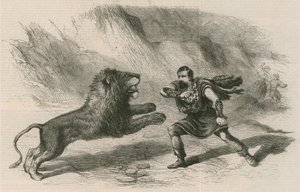 Mr. Crockett, der Löwenbändiger, tritt mit seinen Löwen im Astley