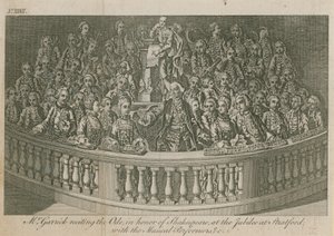 Mr. David Garrick rezitiert die Ode zu Ehren von William Shakespeare beim Jubiläum in Stratford von English School