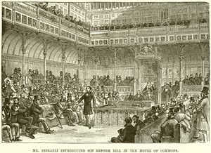 Mr. Disraeli stellt seinen Reformgesetzentwurf im Unterhaus vor von English School