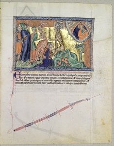 Ms L.A. 139-Lisboa fol.36 Der Herr beobachtet, wie die Menschen das Tier des Meeres in Anwesenheit des roten Drachen anbeten, aus der Gulbenkian-Apokalypse, ca. 1265-70 von English School