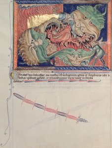 Ms L.A. 139-Lisboa fol.71 Die Kiefer der Hölle verschlingen den roten Drachen, das Tier des Meeres und das Tier der Erde, aus der Gulbenkian-Apokalypse, ca. 1265-70 von English School