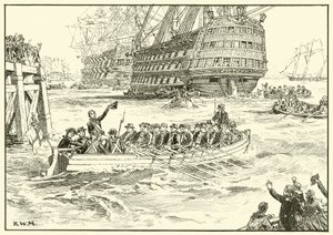 Nelson besteigt sein Flaggschiff in Portsmouth von English School