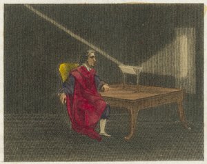Newton entdeckt die Natur des Lichts (kolorierter Stich) von English School