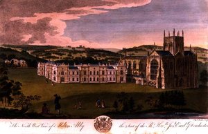 Nordwestansicht von Milton Abbey, Sitz des Right Honourable Joseph, Earl of Dorchester, graviert von Edward Rooker (c.1712-74)