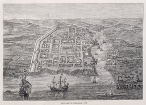 Die alte Stadt Santo Domingo zur Zeit von Drakes Expedition, aus 