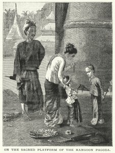Auf der heiligen Plattform der Pagode von Rangoon (Stich) von English School