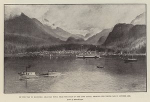 Auf dem Weg nach Klondike, Skagway Town, vom Kopf des Lynn Canal, zeigt den White Pass im Oktober 1897 (Lithografie)