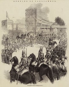 Eröffnung des Parlaments, Ihre Majestät verlässt den Buckingham Palace (Gravur) von English School
