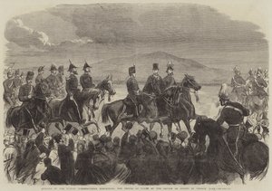 Eröffnung der Dublin International Exhibition, der Prinz von Wales bei der Truppenparade im Phoenix Park (Stich) von English School