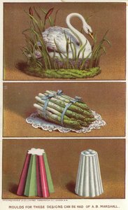 Ornamentale Formen zur Herstellung von Eis in Form eines Schwans und eines Bündels Spargel von English School
