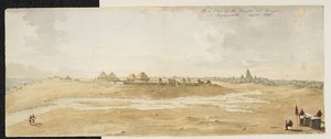 Panorama des Großen Tempels von Jagannath, Puri (Orissa), aufgenommen vom Westen, zeigt europäische Bungalows im Vordergrund am Meeresufer, September 1820