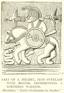 Teil eines Helms, Eisen mit Bronze überzogen, Darstellung eines nordischen Kriegers (Gravur)