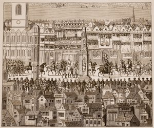 Teil der Krönungsprozession von Edward VI., 1547, nach einem Aquarell aus dem 16. Jahrhundert (Sepia-Foto) von English School