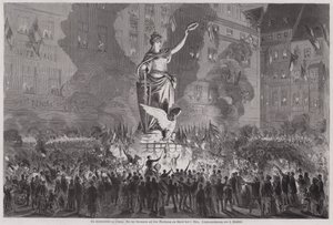 Friedensfeiern vor der Germania-Statue auf dem Marktplatz von Leipzig am Abend des 5. März 1870