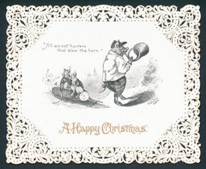 Schwein bläst Horn, Weihnachtskarte