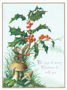 Kobold pflückt Stechpalme, Weihnachtskarte von English School
