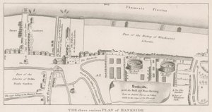 Plan von Bankside am Fluss Thames, basierend auf einer alten Vermessung aus der Regierungszeit von Königin Elizabeth, zeigt Bull- und Bear-Baiting