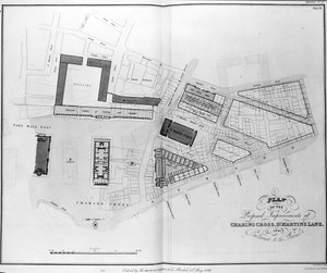 Plan der vorgeschlagenen Verbesserungen am Charing Cross, St. Martins Lane und Eingang zum Strand, graviert von James Basire, 1826
