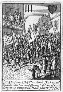 Spielkarte, die die Ensigns und Standards zeigt, die bei Blenheim erbeutet und durch die Stadt London getragen wurden, 3. Januar 1705