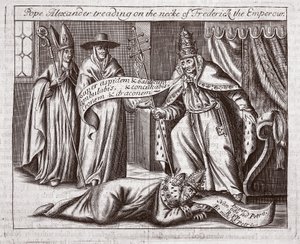 Papst Alexander tritt auf den Nacken von Kaiser Friedrich, Illustration aus Acts and Monuments von John Foxe, neunte Ausgabe, veröffentlicht 1684