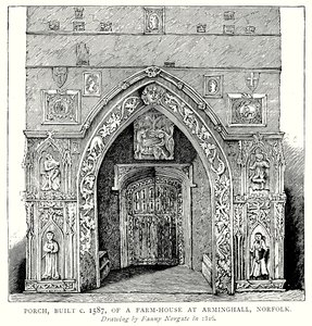 Vorhalle, erbaut um 1587, eines Bauernhauses in Arminghall, Norfolk von English School