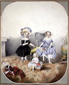Porträt von drei blauäugigen Mädchen in Kostümen, ca. 1840