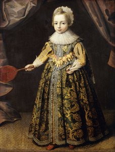 Porträt eines Jungen, 3 Jahre alt, in einem grünen Kleid mit Goldstickerei, einer Spitzenkappe und einer Halskrause, hält einen Federballschläger und einen Federball, 1605
