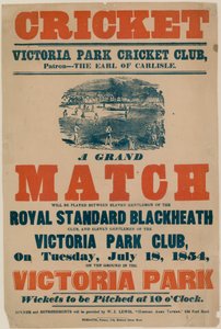 Plakat, das ein Cricketspiel im Victoria Park Cricket Club am 18. Juli 1854 bewirbt