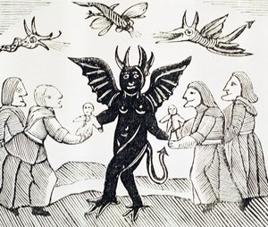 Kinder dem Teufel vorstellen, Kopie einer Illustration aus The Witch of the Woodlands verwendet in einer Sammlung von Chapbooks über Esoterik von English School
