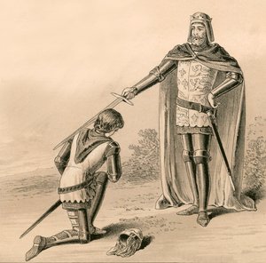 Prinz Edward, der Schwarze Prinz, wird von seinem Vater, König Edward III., zum Ritter geschlagen von English School