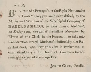 Gedruckter Brief von Joseph Crish, Gemeindebeamter von Guildhall, London von English School