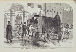 Gefängniswagen, der Gefangene im Haus der Haft aufnimmt, aus The Criminal Prisons of London and Scenes of Prison Life von Henry Mayhew (1812-87) und John Binny, 1862 von English School