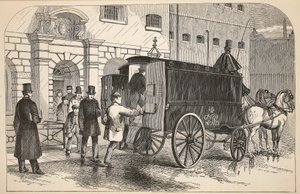 Gefängniswagen, der Gefangene im House of Detention abholt, Illustration aus The Criminal Prisons of London and Scenes from Prison Life von Henry Mayhew und John Binny, veröffentlicht 1862 von English School