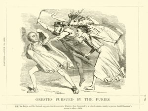Punch-Karikatur über John Bright: Orestes verfolgt von den Furien von English School