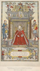 Königin Elizabeth als Schirmherrin der Geographie und Astronomie. Frontispiz zu Saxtons Atlas von England und Wales von 1579