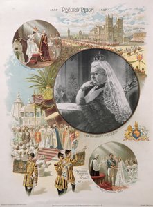 Königin Victoria (1819-1901) zur Zeit ihres Diamantenen Jubiläums 1897 zusammen mit einigen der wichtigsten Ereignisse ihres Lebens, 1897