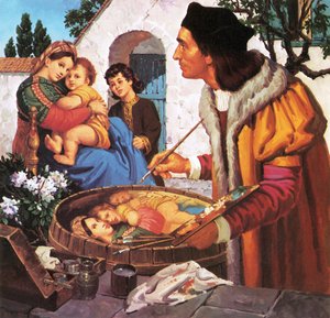 Raffael malt Madonna und Kind auf einem Weinfass
