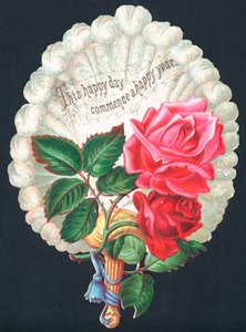 Rote Rosen auf Fächer, Neujahrskarte